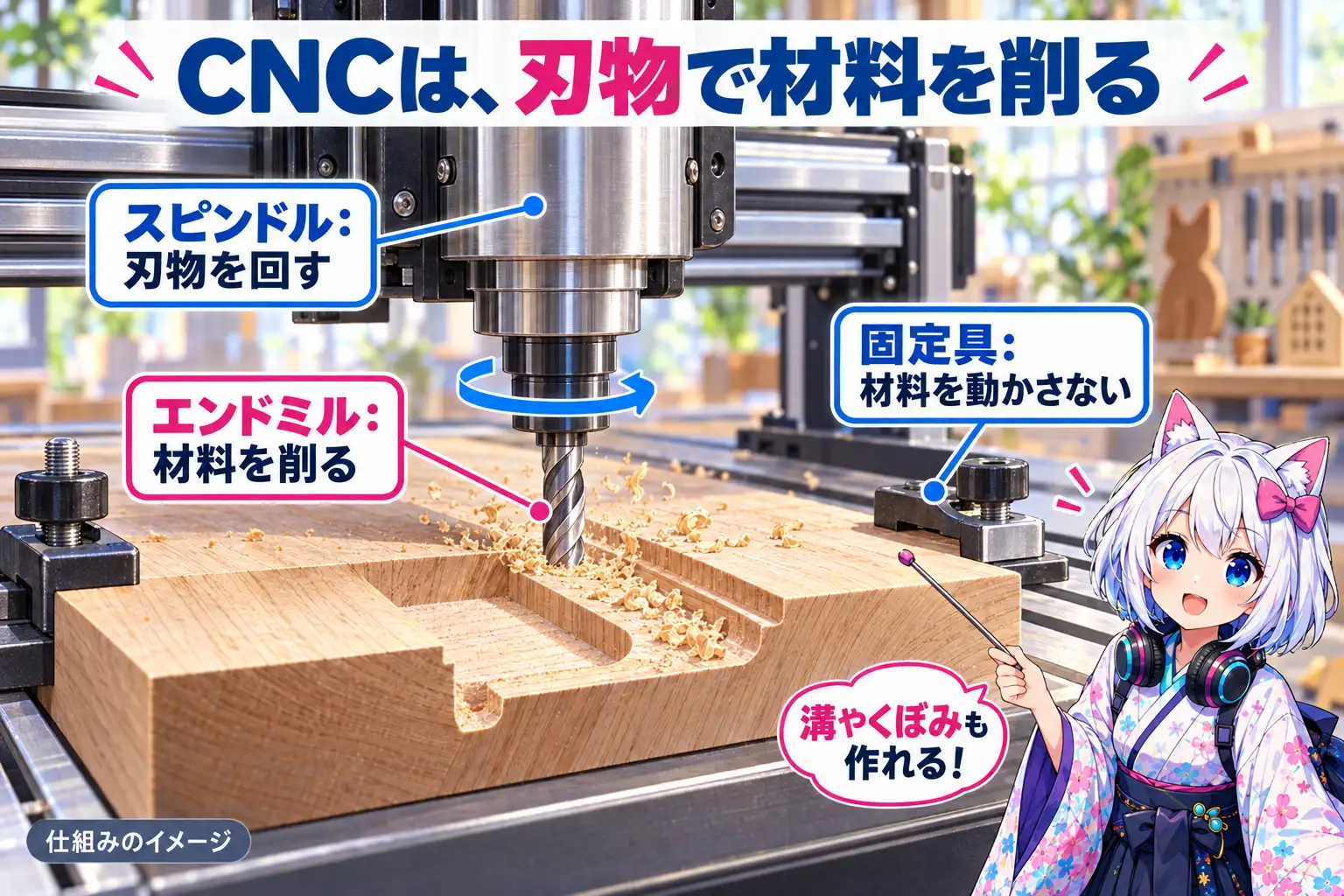 CNCの仕組み。スピンドルがエンドミルを回し、固定具で動かないようにした木材を削って溝やくぼみを作る