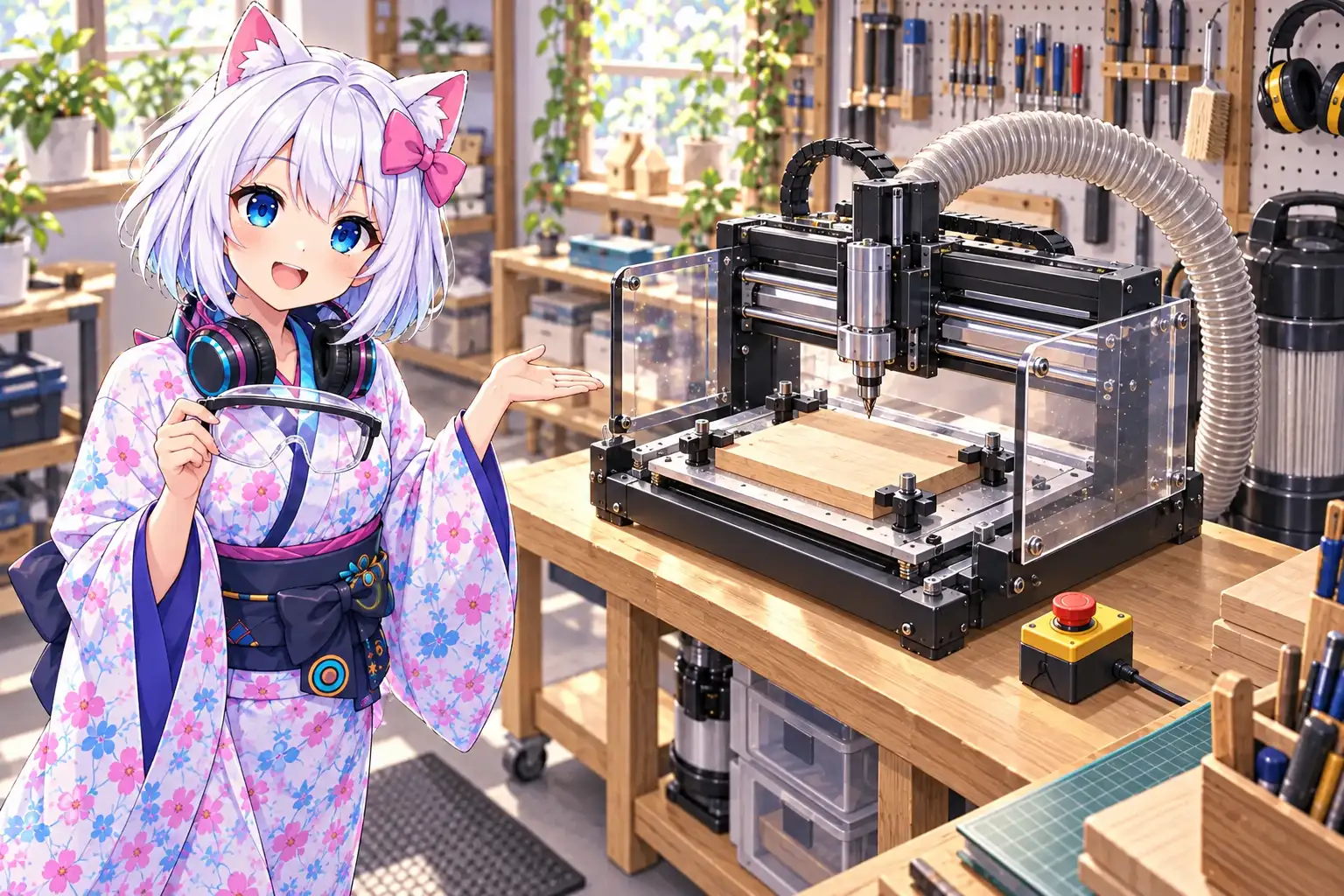 安全メガネを持つ白髪猫耳少女と、集じんホース、固定具、緊急停止ボタンを備えた停止中の卓上CNCルーター