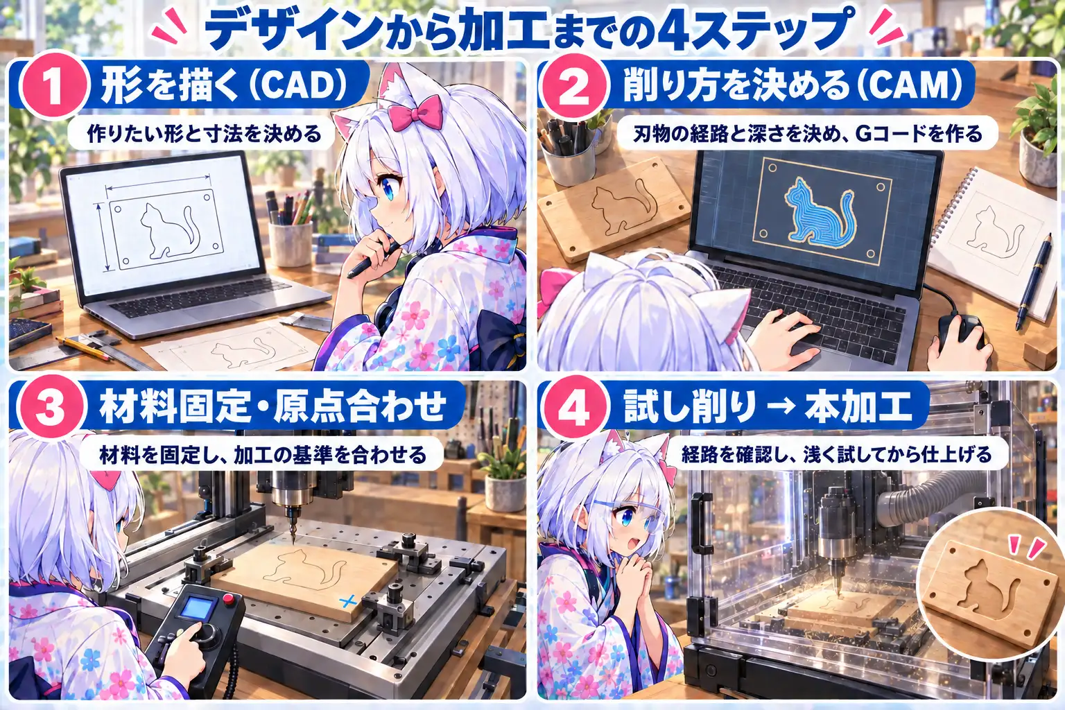 木製プレートを作る4ステップ。CADで形と寸法を描き、CAMで経路と深さを決めてGコードを作り、材料固定と原点合わせを行い、試し削りから本加工へ進む