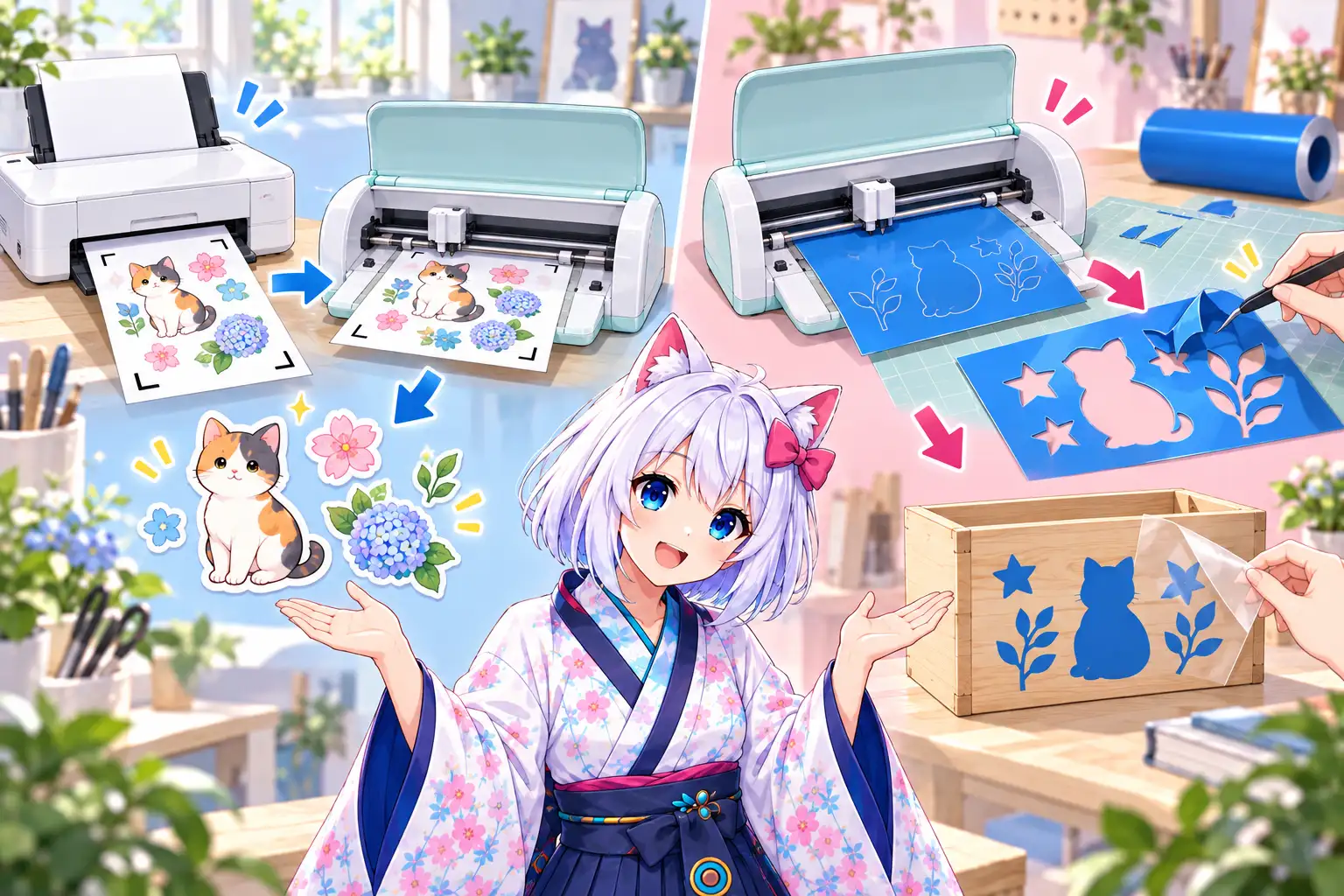 印刷したカラーイラストを輪郭カットする方法と、単色の粘着シートから図形を切って転写する方法の違い