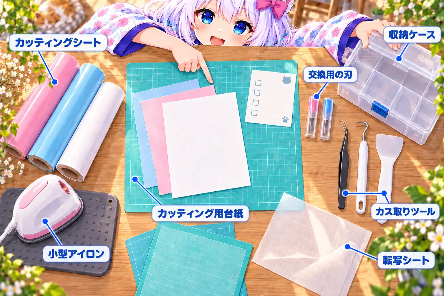 カッティング用台紙、シート、交換刃、カス取り用ツール、転写シート、小型アイロンなどを机に並べた準備用品一覧