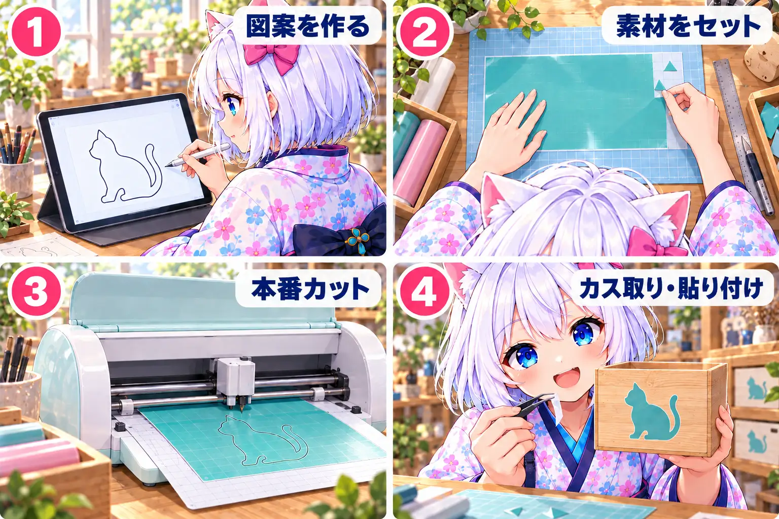 猫型ラベルを作る4段階。図案作成、素材の固定とテストカット、機械での輪郭カット、カス取りと貼り付けを順に示す
