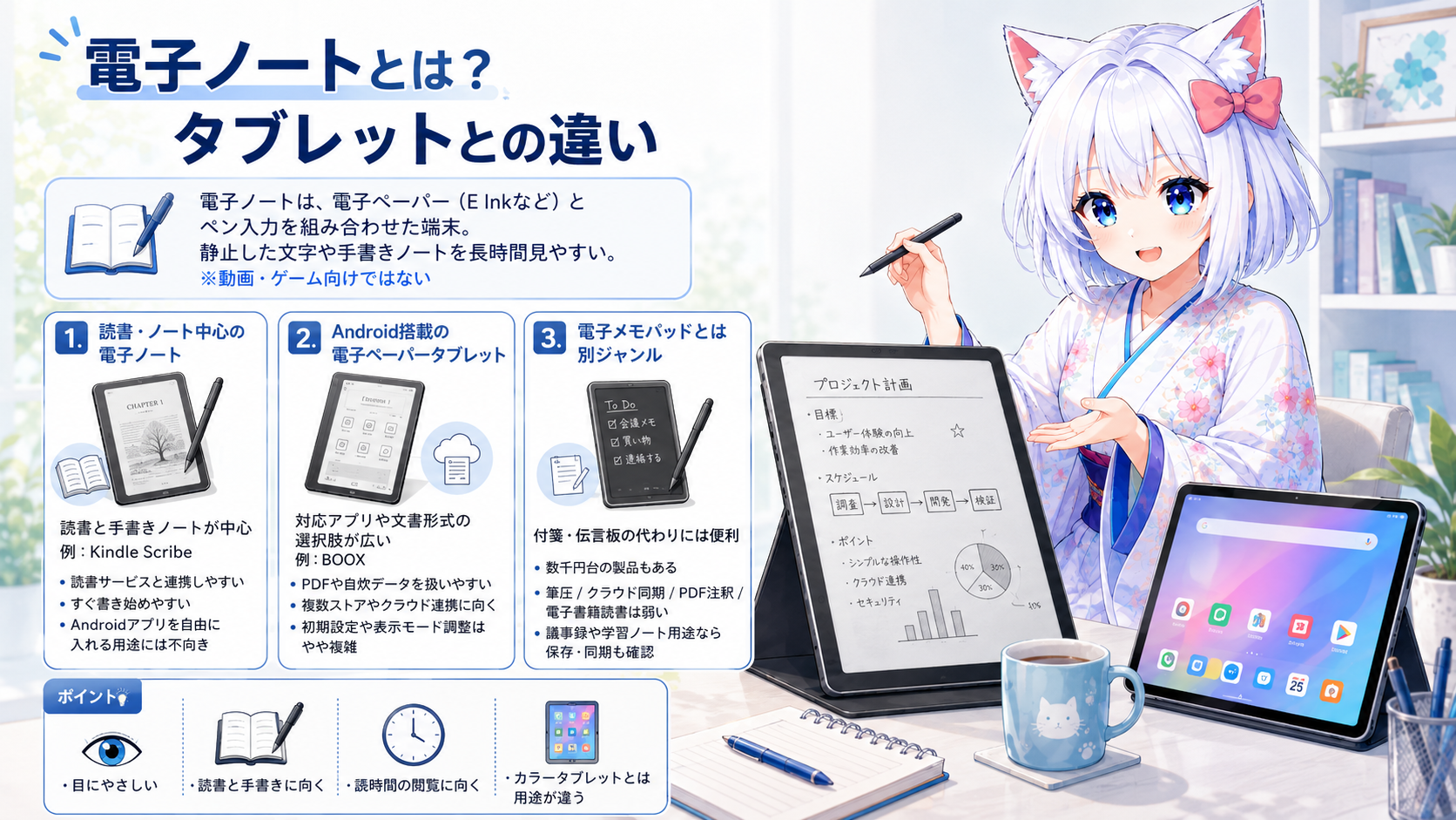 電子ペーパーとペン入力を使う電子ノートと、動画やアプリに強い一般的なタブレットの違いを比較した図