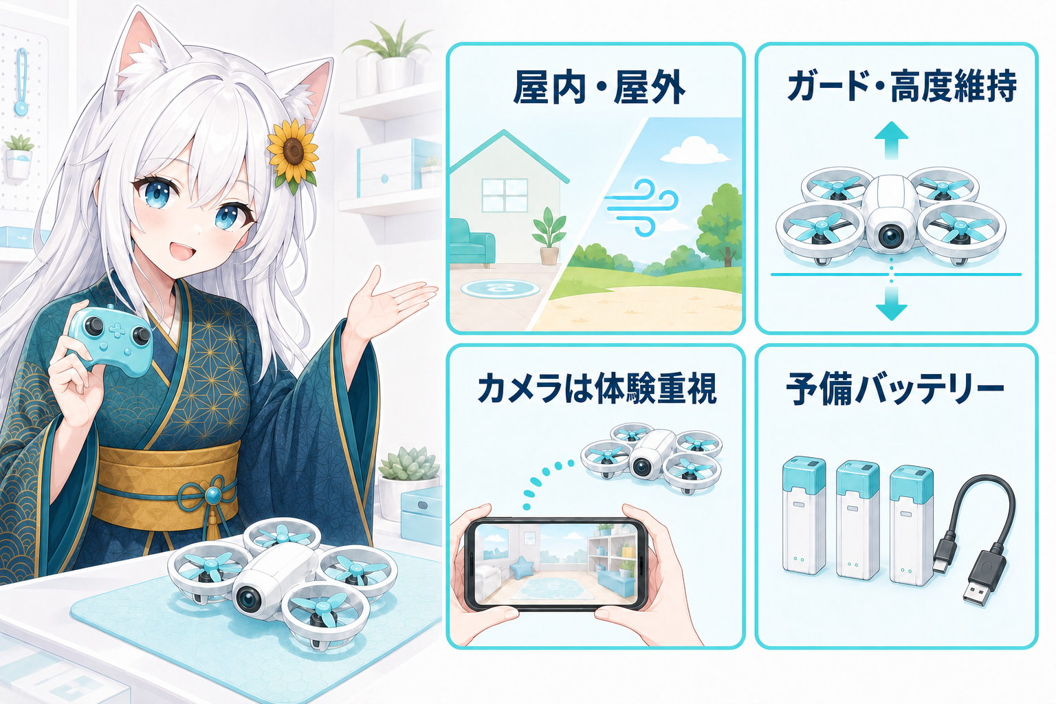 白髪猫耳少女が案内する、100g未満ドローン選びの4つのポイント。屋内・屋外、ガード・高度維持、カメラは体験重視、予備バッテリーを図解