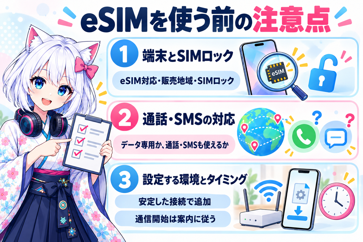 eSIM利用前の注意点を、端末とSIMロック、データ通信専用か通話・SMSも使えるか、設定時の接続環境と通信開始時期の3点に分けて示したイラスト