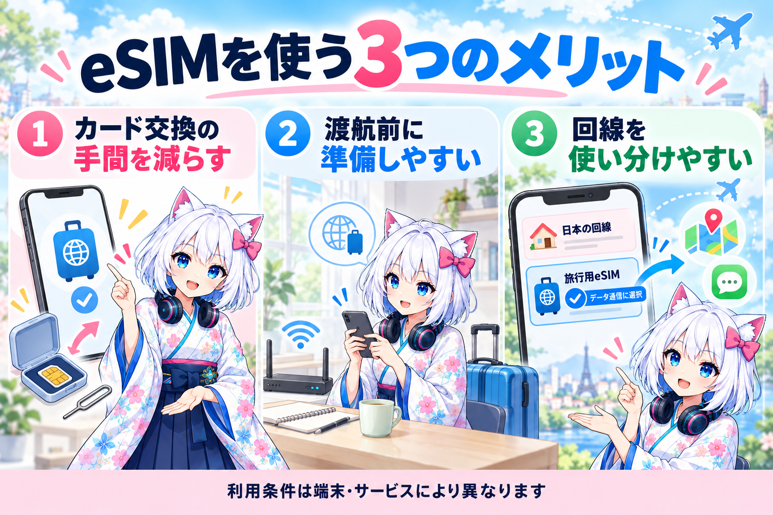 eSIMのメリットとして、SIMカード交換の手間を減らせること、渡航前に通信環境を準備しやすいこと、複数の回線を使い分けやすいことを3場面で示したイラスト