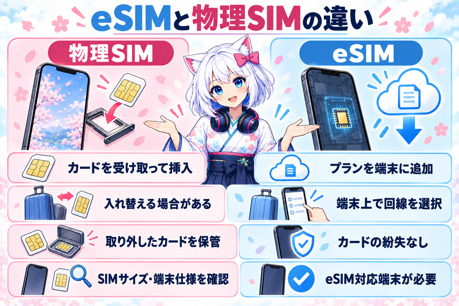 物理SIMとeSIMについて、カードの有無、利用開始、旅行時の切り替え、保管と紛失、端末対応の違いをまとめた節全体の比較イラスト