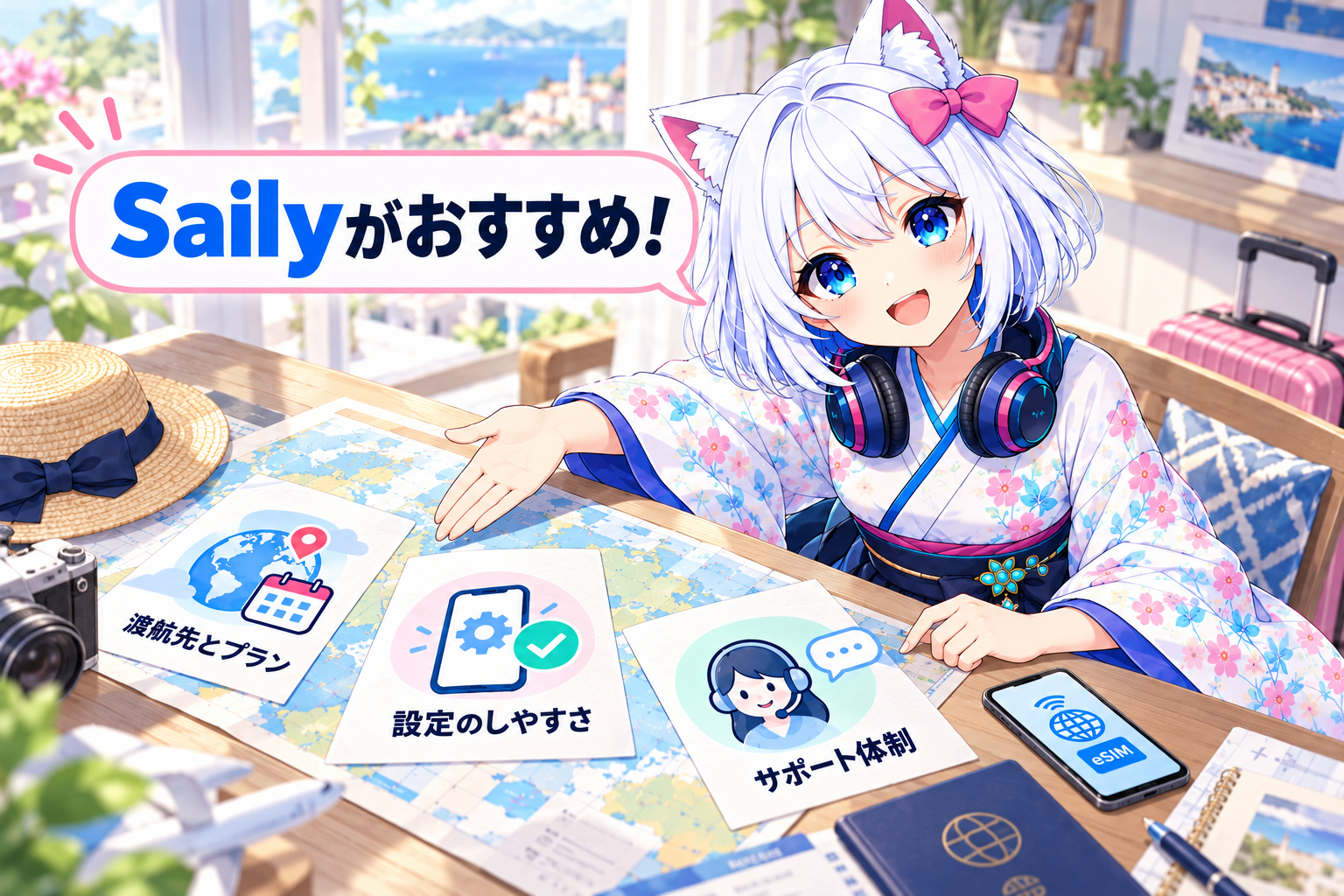 白髪猫耳の少女がSailyを勧め、海外向けeSIM選びで確認する渡航先とプラン、設定のしやすさ、サポート体制の3点を案内するイラスト