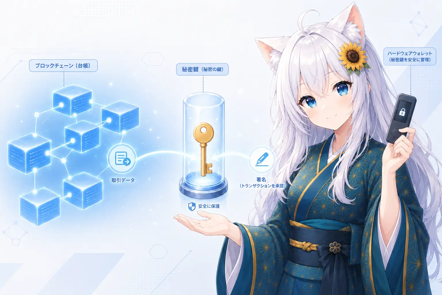 白髪猫耳の少女が、暗号資産の記録はブロックチェーン上にあり、ハードウェアウォレットは秘密鍵を守ることを説明している図