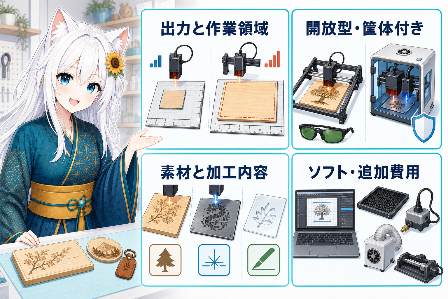 格安レーザー彫刻機を選ぶときの4つの確認ポイント。出力と作業領域、開放型・筐体付き、素材と加工内容、ソフトと追加費用を図解
