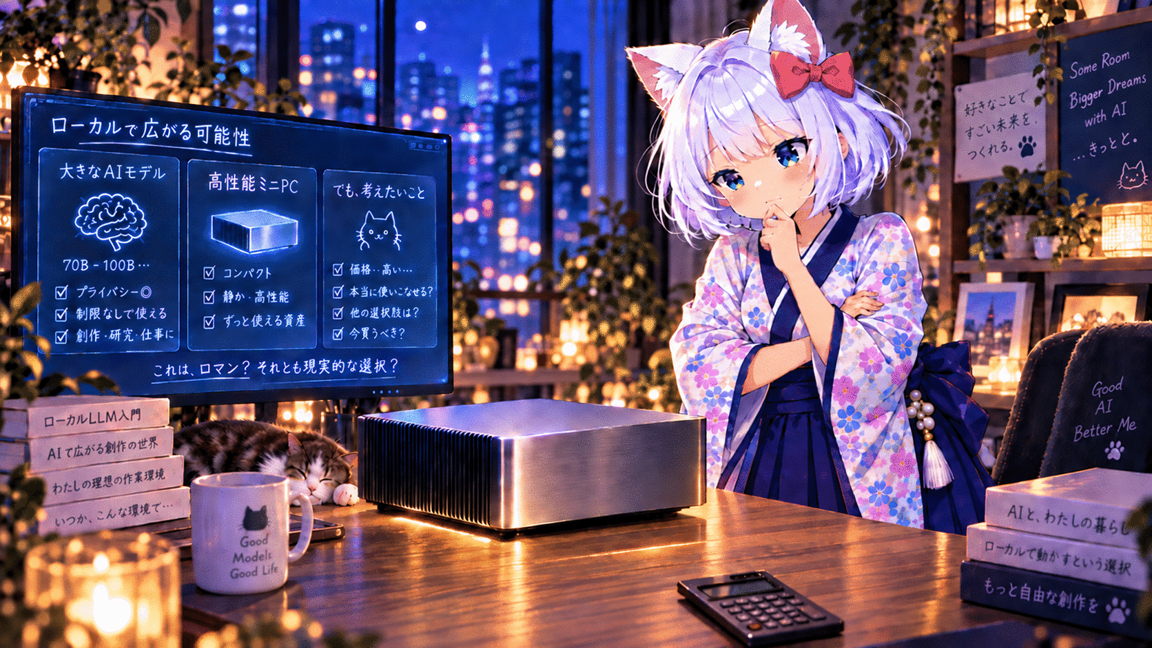 100万円を超える小型AIコンピューターの購入を考えるイラスト