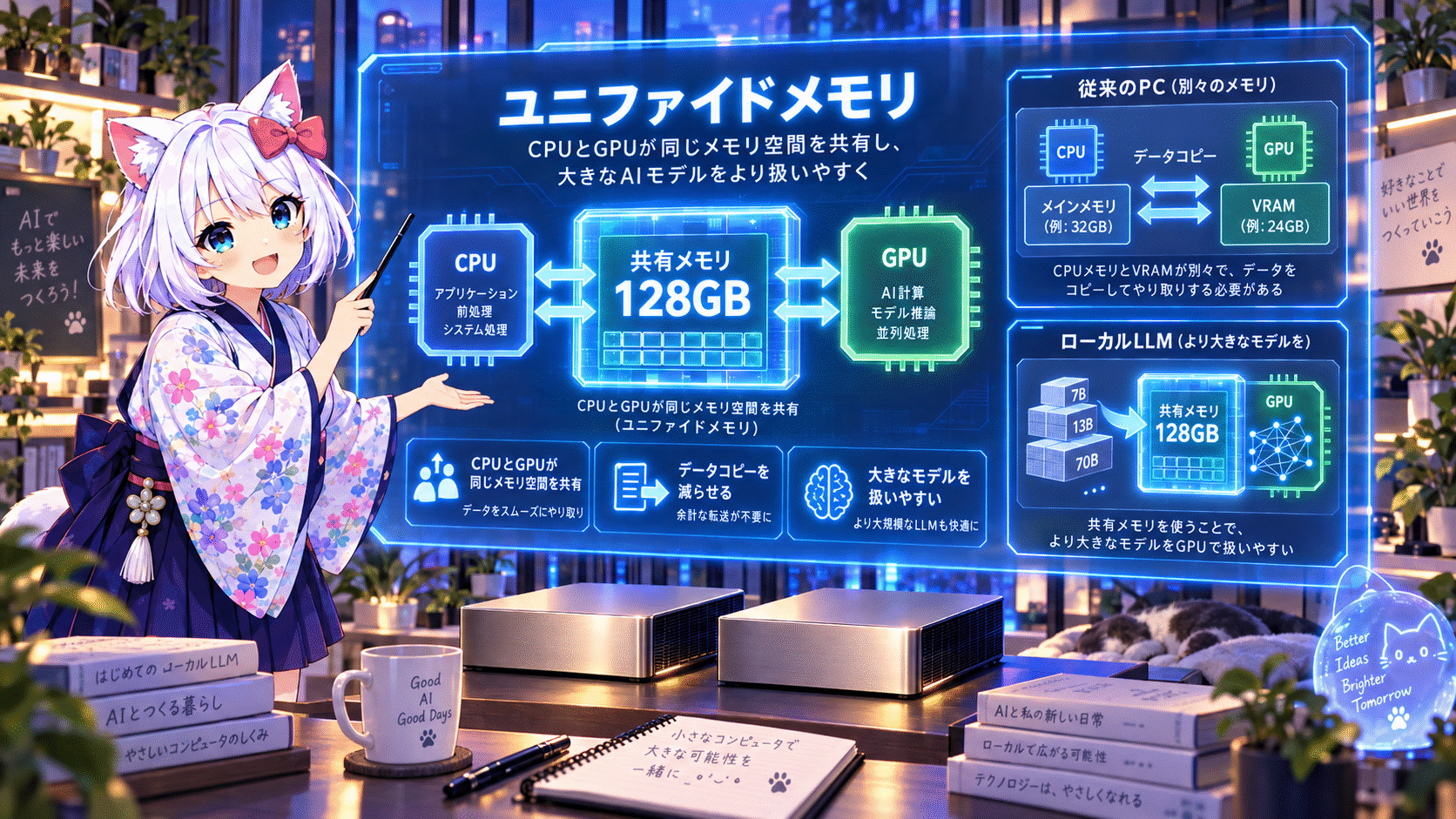 CPUとGPUが128GBユニファイドメモリを共有する仕組みを示したイラスト