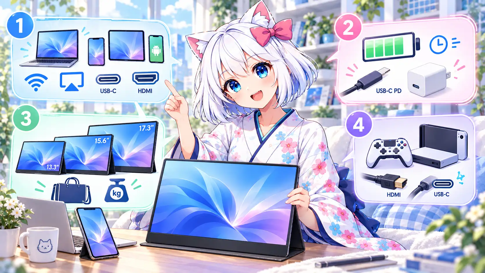 白髪猫耳少女が案内するモバイルモニター選びの4つのポイント。端末と接続方法、給電やバッテリー、画面サイズと重さ、ゲーム機用の端子を図解