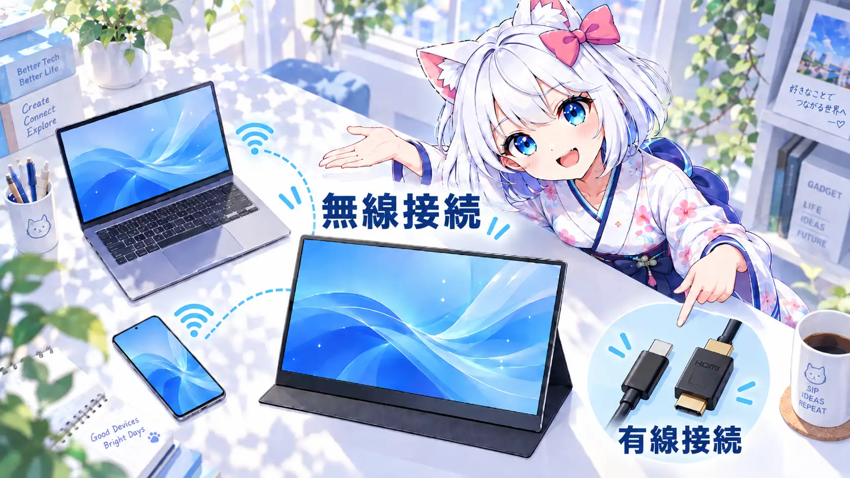 無線表示にも対応するモデルの接続例。ノートPCやスマートフォンとの無線接続と、USB Type-CやHDMIによる有線接続を示す図