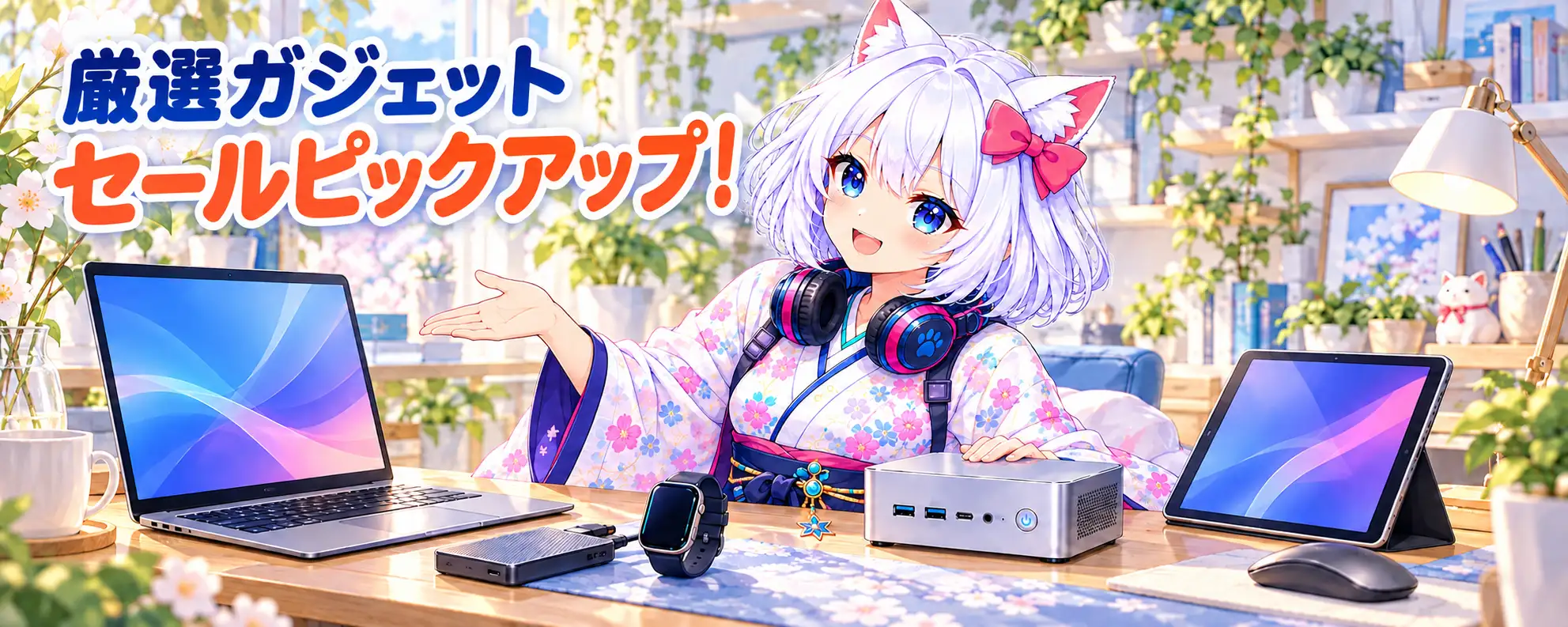 厳選ガジェット セールピックアップ！ 明るい作業部屋でガジェットを紹介する白髪猫耳少女