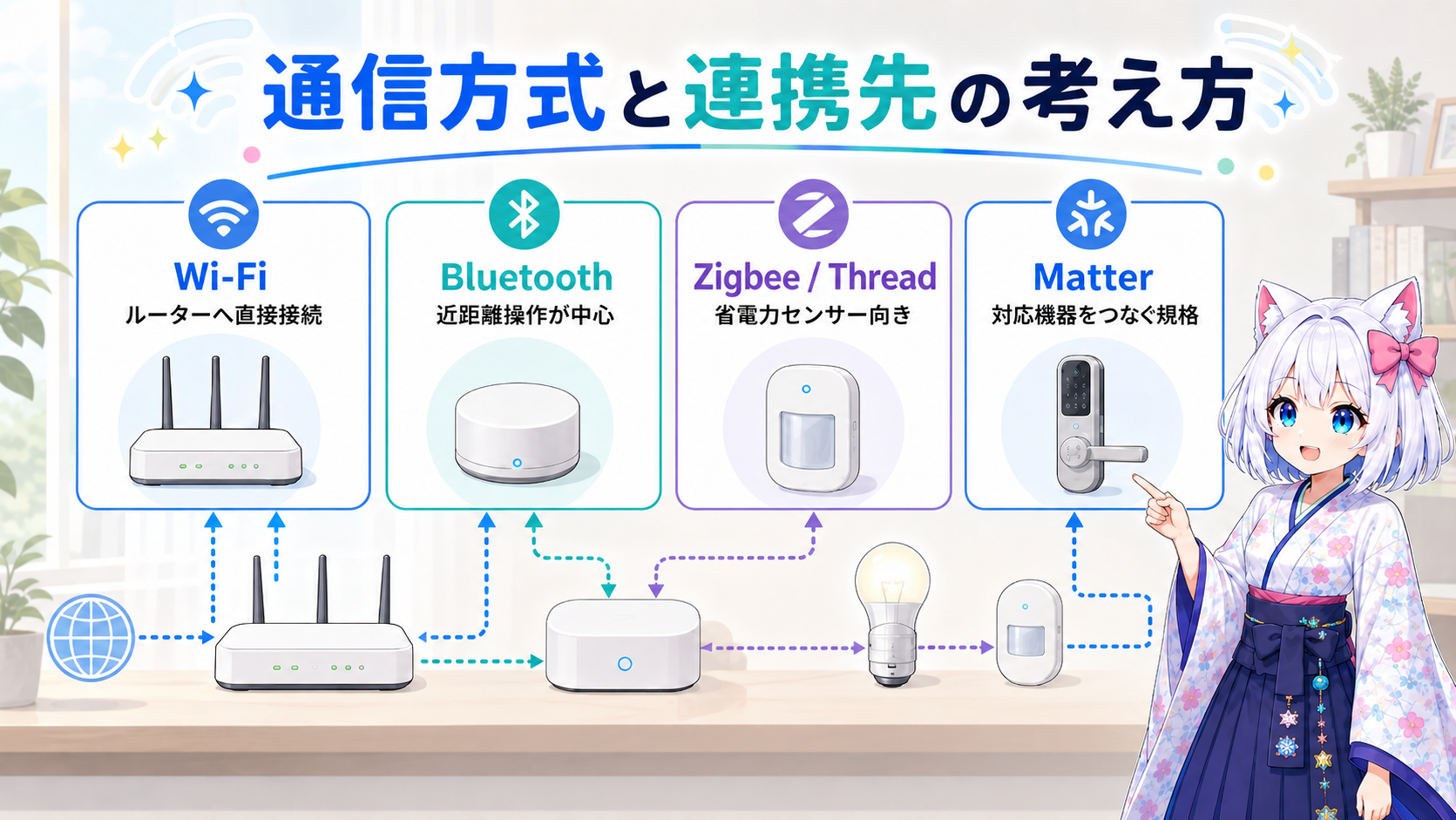 通信方式と連携先の考え方。Wi-Fi、Bluetooth、Zigbee・Thread、Matterの役割と、ハブ・ボーダールーター確認の注意点を示す図