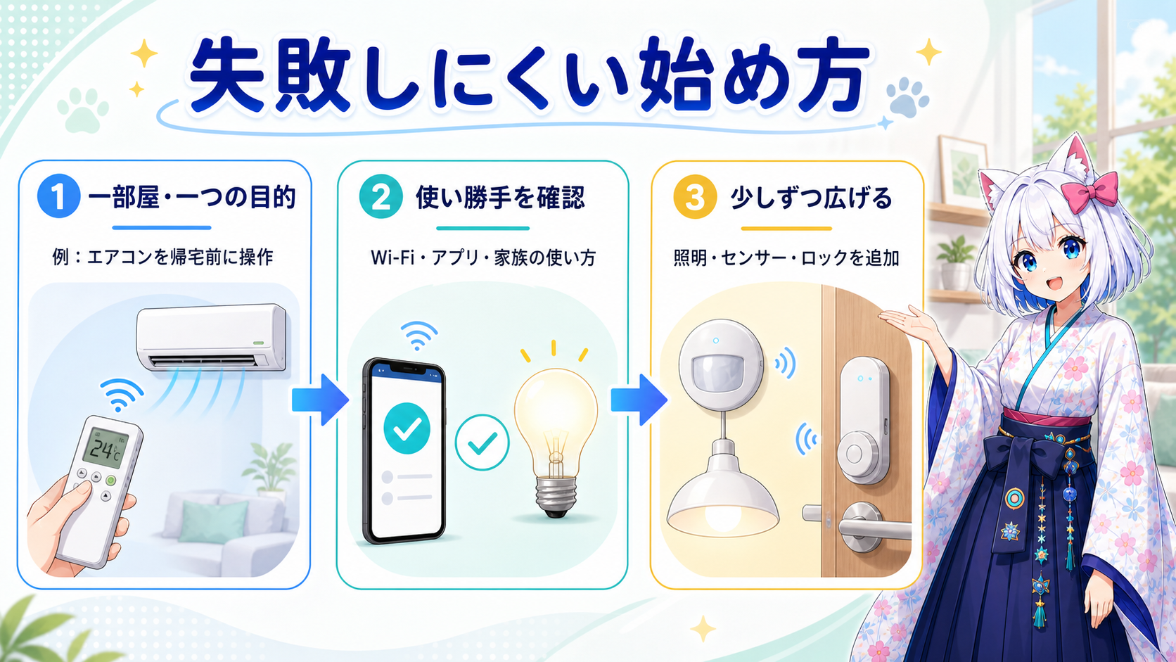 失敗しにくい始め方。一部屋・一つの目的から始め、使い勝手を確認して、照明・センサー・ロックへ少しずつ広げる3ステップ図