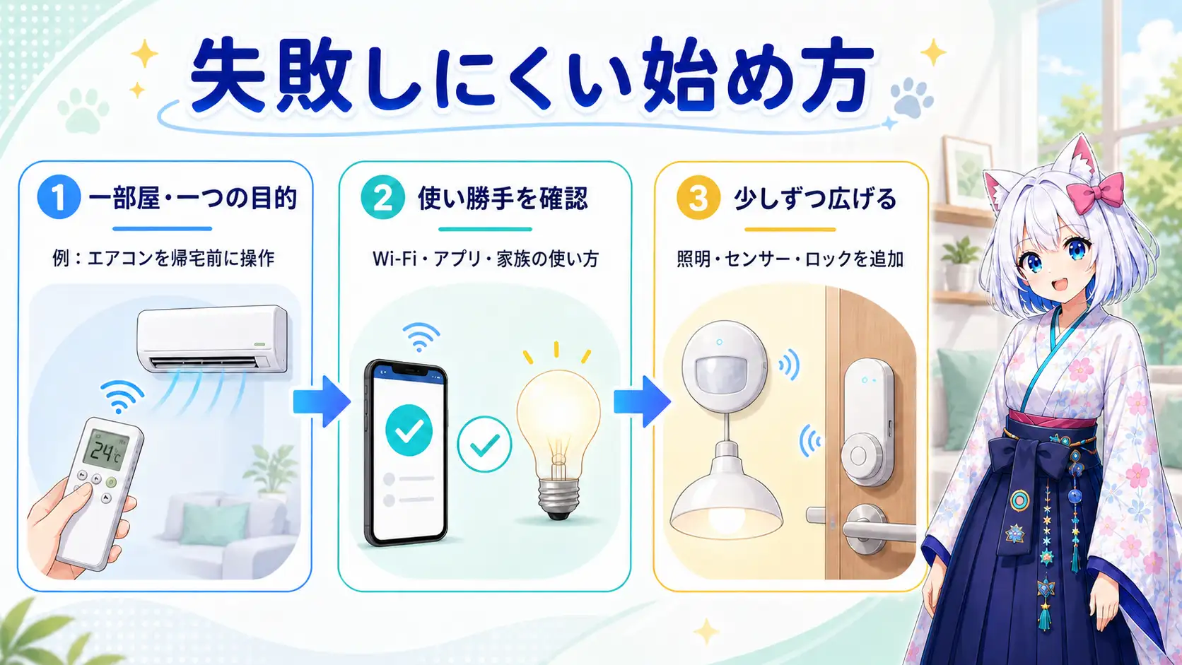 失敗しにくい始め方。一部屋・一つの目的から始め、使い勝手を確認して、照明・センサー・ロックへ少しずつ広げる3ステップ図