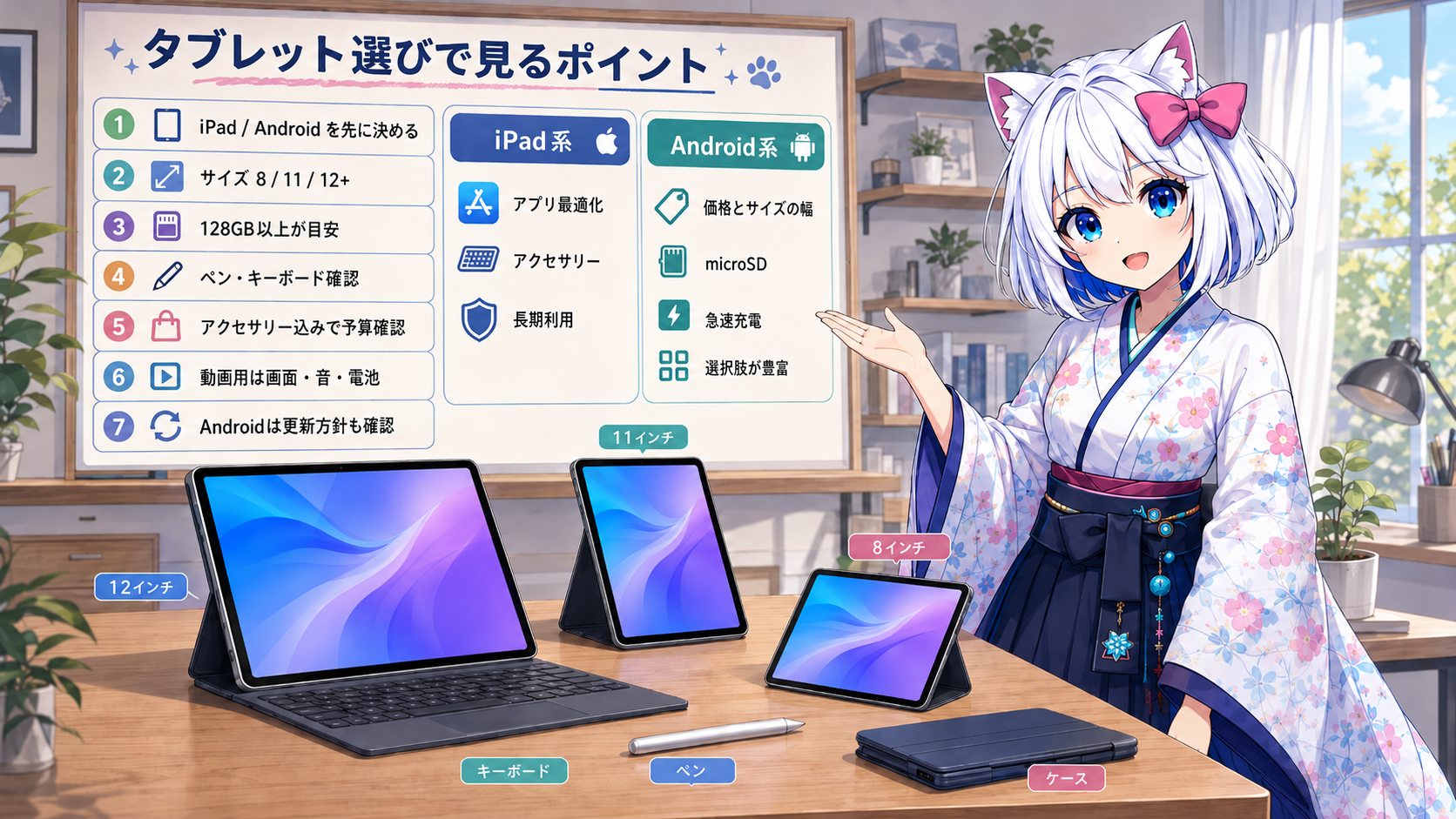 白髪猫耳少女がキーボード付きタブレットPCとタブレットを紹介しているイラスト