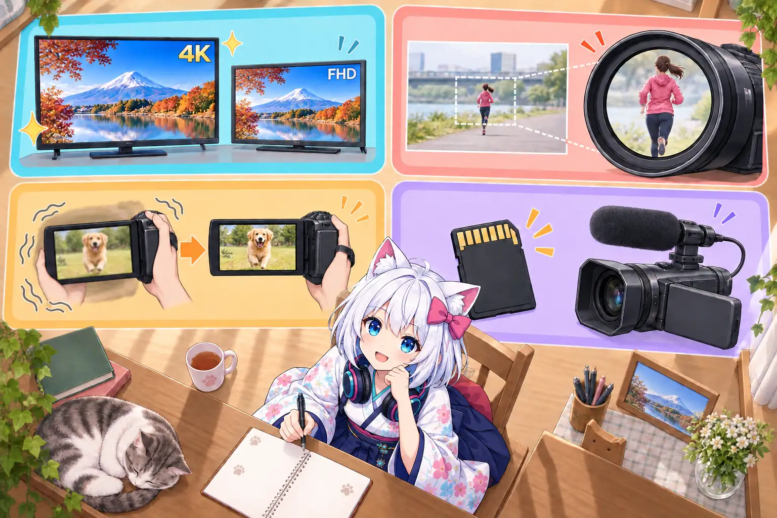 4KとフルHD、光学ズーム、手ブレ補正、SDカードとマイクを4つの画面で示した選び方の図