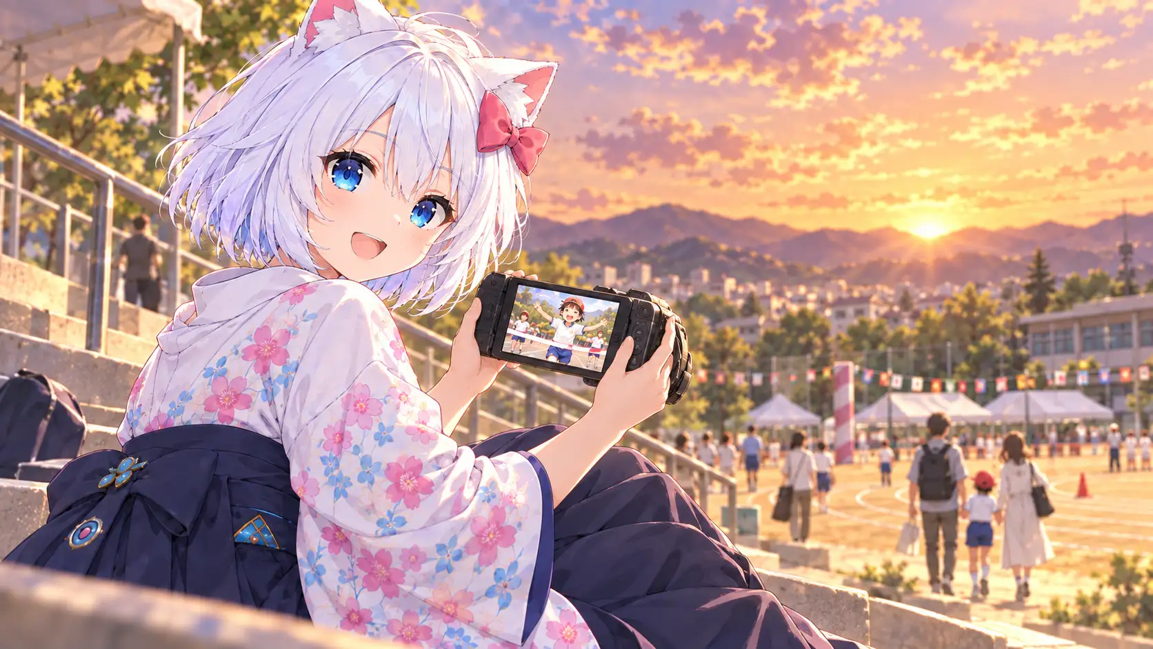 運動会が終わった夕暮れ、白髪猫耳少女がビデオカメラの画面で撮影した子どもの姿を見返す