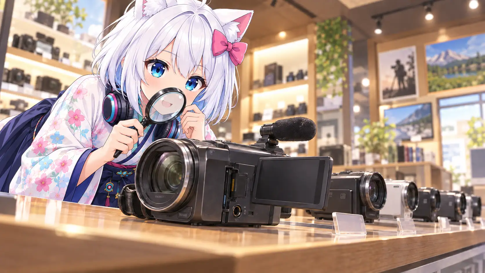 白髪猫耳少女が店頭でビデオカメラのレンズ、開閉式モニター、外部マイク、記録メディアを見比べる
