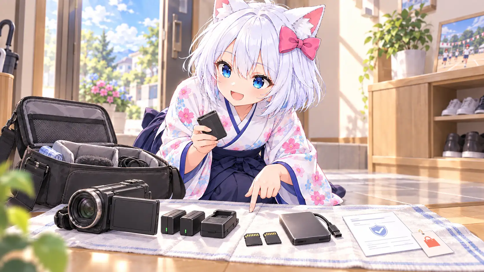 白髪猫耳少女がビデオカメラ、予備バッテリー、SDカード、保存先、保証書を並べて準備する図